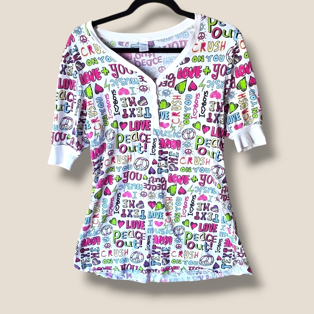 Women’s White Graphic Henley Tee with Pink & Green Doodle Print